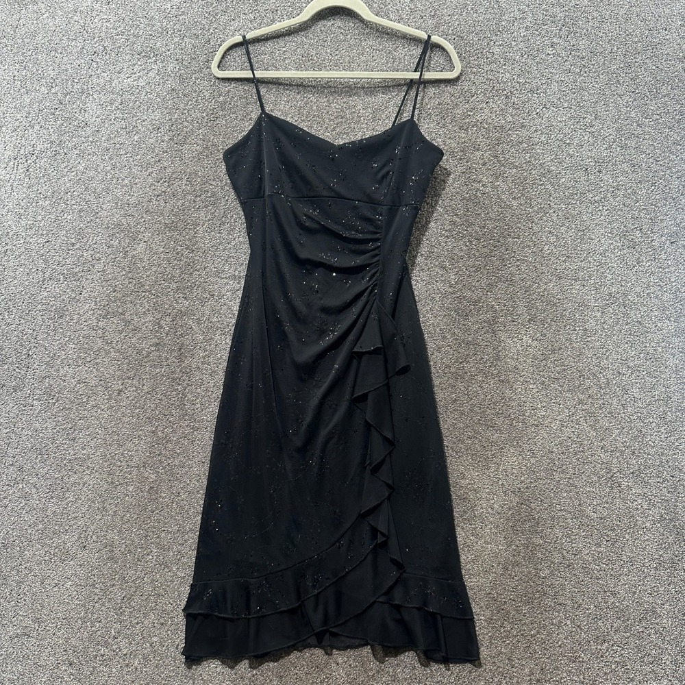 Y2k Taboo Black Glitter Floral Ruffle Midi Dress Large Whimsigoth LBD Dark Fairy